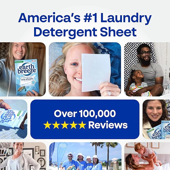 Earth Breeze Laundry Detergent Sheets Fresh Spring Blossoms - 60 Loads - Eco Laundry Sheets - Travel Laundry Soap Sheets for Hot & Cold Cycles - Tackles Tough Stains & Odors - Gentle on Skin, 30 Ct