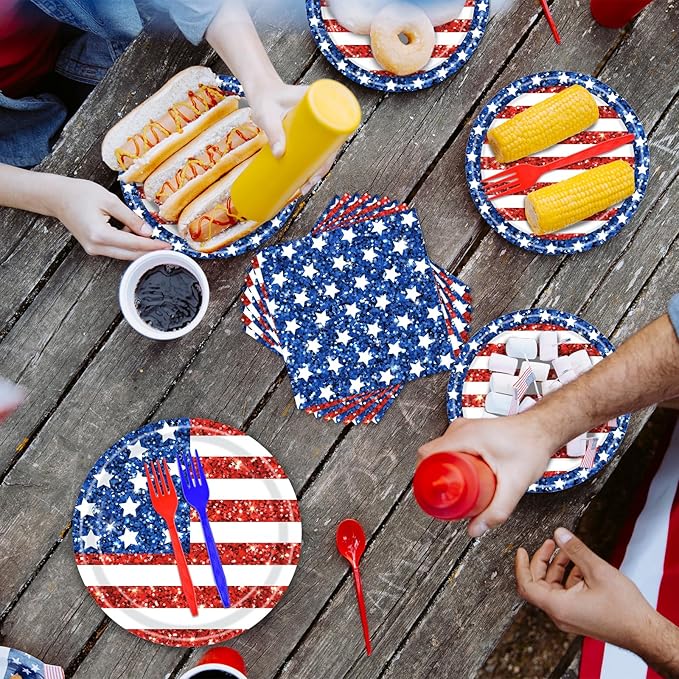 100 Pieces Patriotic 4th of July Tableware Set – American Flag Disposable Plates, Napkins and Forks, Glitter Stars and Stripes Party Supplies for Independence Day and Memorial Day Decorations