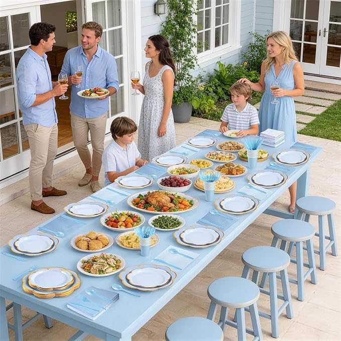 168Pcs Blue Paper Plates and Napkins Party Supplies, Scalloped Party Plates Cups Napkins Set, Light Blue Disposable Plates with Gold Rim for Graduation Party Birthday Baby Shower Gender Reveal Picnic