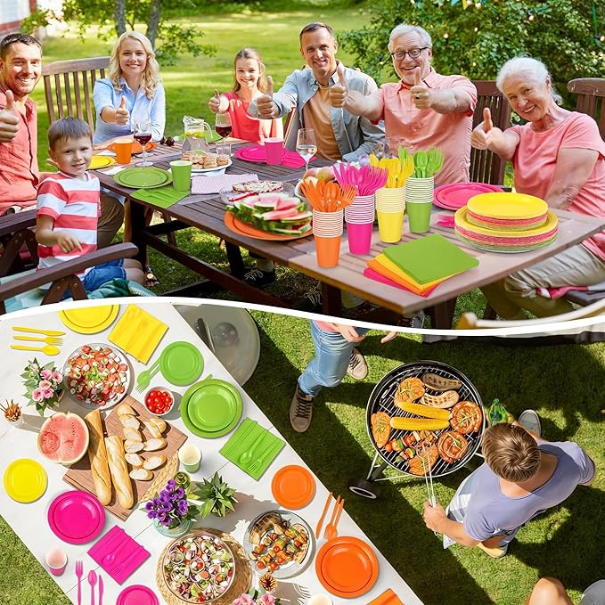 Kochorie 350 Pieces Neon Dinnerware Set, 7 & 9 inch Dessert Paper Plates Cups Napkins Plastic Cutlery Disposable Party Supplies for Neon Glow Party Birthday Baby Shower Wedding, Serve 50 Guests
