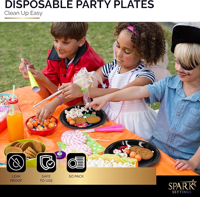 Amcrate Disposable Plastic Dinner Plates, Black, 10.4 Inches, Strong & Sturdy for Party, Dinner, Holiday, Picnic, Travel - Pack of 50