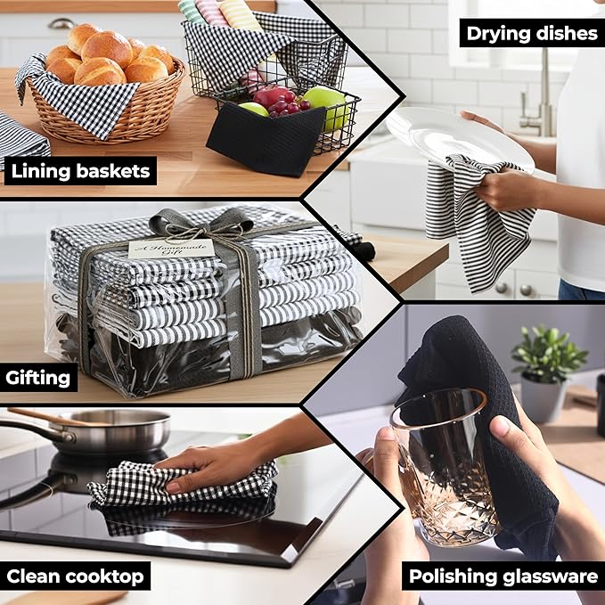 Cotton Dish Towels For Kitchen Drying - Highly Absorbent Black Striped Gingham Plaid Tea Towels - 18"X28" Set Of 6 Farmhouse Linen Dishtowels In Bulk - Pano De Prato Para Cozinha - T Towles Towls
