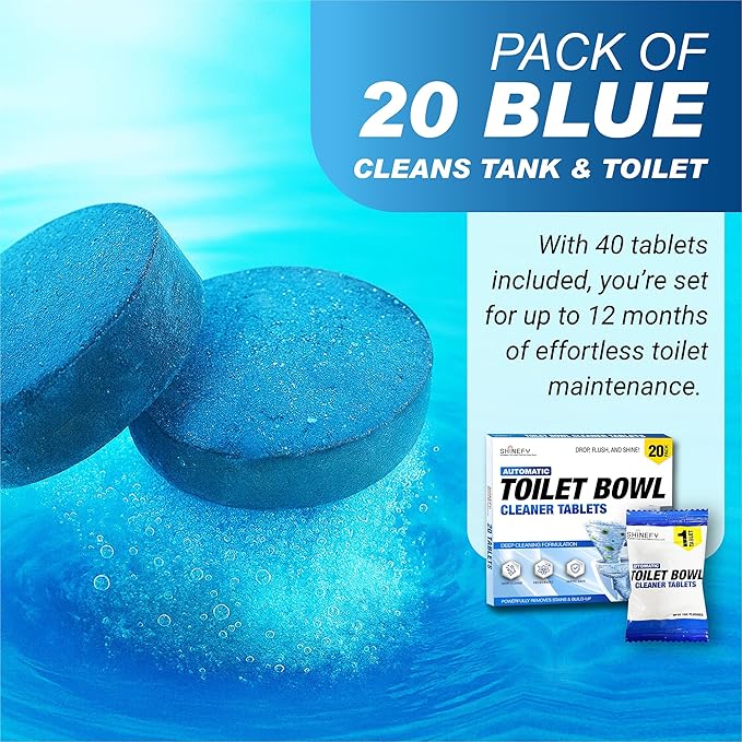 Shinefy Automatic Toilet Bowl Cleaner Tablets – 20 Tabs - Blue Gel Toilet Tank Cleaners, Hard Water Ring Remover, Septic-Safe Heavy-Duty Stain & Smell Eliminator, Toilet Cleaning & Deodorizer