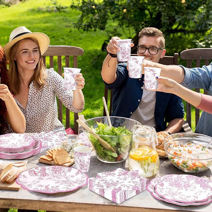 Kochorie 144 Pieces Pink Floral Paper Plates and Napkins Party Supplies, Pink and White Flower Tableware Set Include Vintage Scalloped Plates Napkins Cups Forks for Wedding Birthday Tea Party