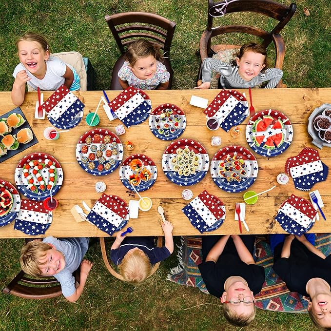 96 Pieces Patriotic Tableware Set Party Supplies - American Flag Pattern Disposable Dinnerware with Paper Plates, Napkins, Forks for Fourth of July, Memorial Day, Veterans Day, BBQ Picnic Favors
