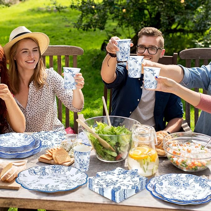 Kochorie 144 Pieces Blue Floral Paper Plates and Napkins Party Supplies, Blue and White Flower Tableware Set Include Vintage Scalloped Plates Napkins Cups Forks for Wedding Birthday Tea Party