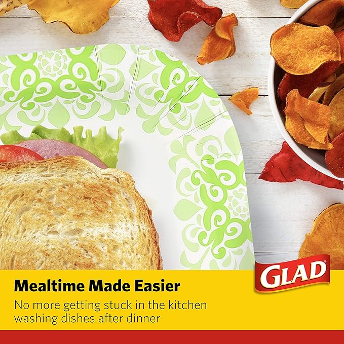 Glad Square Heavy Duty Paper Plates, Soak Proof and Cut Proof Disposable Plates for Parties and Everyday Meals, Microwaveable for Easy Serving, Green Victorian Pattern, 10 Inch, 100 Count