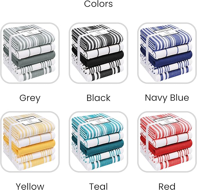 Cotton Clinic Assorted Kitchen Towels 5 Pack – Soft Absorbent Quick Drying Table & Kitchen Linen - Dish Towels, Dish Cloths, Tea Towel and Cleaning Towel with Hanging Loop – 16x28 / Black White