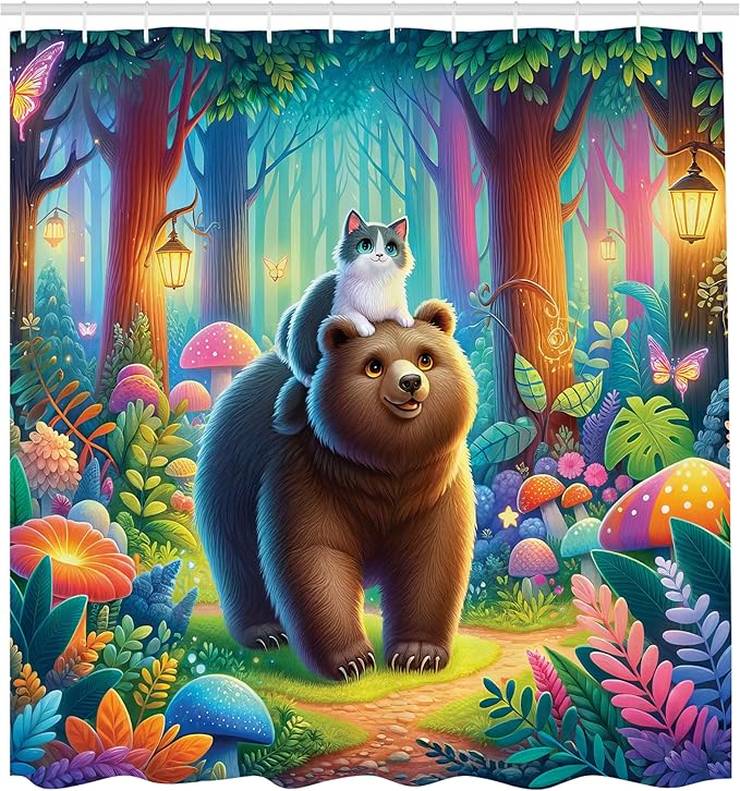 Ambesonne Funny Shower Curtain, Rave Colors of Fantasy Woodland Scenario Peaceful Cat and Bear Friends Happy, Cloth Fabric Bathroom Decor Set with Hooks, 69" W x 70" L, Caramel Multicolor