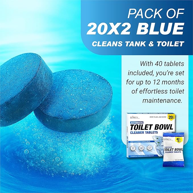Shinefy Automatic Toilet Bowl Cleaner Tablets – 40 Tabs - Blue Gel Toilet Tank Cleaner, Hard Water Ring Remover, Septic-Safe Heavy-Duty Stain & Smell Eliminator, Toilet Cleaning & Deodorizer