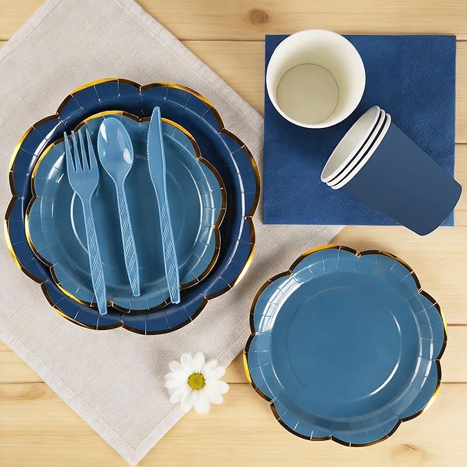 Navy Blue Paper Plates and Napkins Party Supplies for 50 Guest, 350Pcs Blue Scalloped Party Plate with Gold Rim, Blue Disposable Plates Set for Graduation Birthday Party Baby Shower Gender Reveal