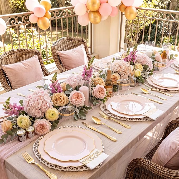 NOCCUR 175PCS Pink Plates with Gold Disposable Silverware - Include 50 Pink Plastic Plates,25 Knives,25 Forks,25 Spoons,25 Cups and 25 Napkins - Ideal for Party/Wedding/Banquet/Baby Shower