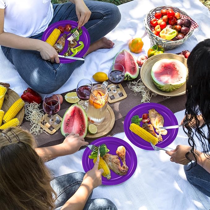 Disposable Paper Plates Set, 50 PCS Purple Dinner Paper Plates, Round 9 Inches Party Plates Pack for Daily Meal Picnic Anniversary Mardi Gras Carnival Festival Gathering Party Supplies