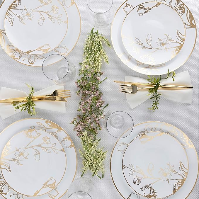 PLASTICPRO 128 Piece Combo Plates Set includes 64 7'' inch Plates & 64 10'' inch Plates White Plastic Floral Design Party Plates With Gold Rim, Premium Elegant, Tableware, Dishes,