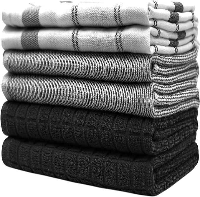 Premium Kitchen Towels (20”x 28”, 12 Pack) | Large Cotton Dish Towels | Flat & Terry Highly Absorbent Kitchen Linen Set with Hanging Loop | Black Check