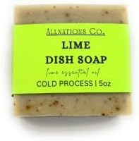Allnations Soap Co - Handmade Solid Dish Soap Bar - Free of Dyes and Fragrance - 5oz - Unscented - Vegan (Lime)