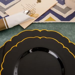 Morejoy 175PCS Black and Gold Plastic Plates, Black Plastic Dinnerware Set for 25 Guests,Include 25 Dinner Plates, 25 Dessert Plates, 25 Cups, 25 Pre Rolled Napkins with Gold Silverware for Party