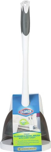 Clorox Toilet Plunger and Brush Bowl Set with Holder Caddy Storage for Cleaning Bathroom and Unclogging Toilets, White and Gray