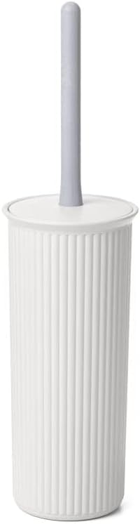 Decorative Plastic Toilet Bowl Brush and Holder Set, White (1 Pack) Cleaner Scrubber for Bathroom - Ribbed Design
