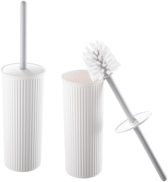 Decorative Plastic Toilet Bowl Brush and Holder Set, White (2 Pack) Cleaner Scrubber for Bathroom - Ribbed Design
