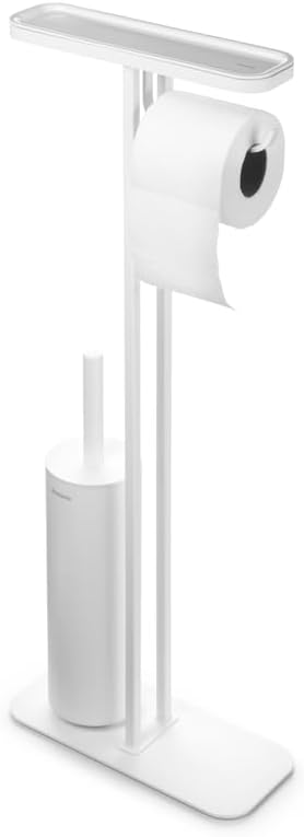 Brabantia Mindset Toilet Butler | Mineral Fresh White | Freestanding All-in-One Bathroom Accessory Set | Toilet Paper Holder Stand, Integrated Shelf & Toilet Brush & Holder | Bathroom Phone Holder