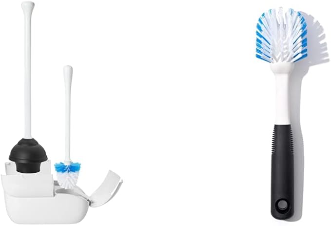 OXO Good Grips Toilet Brush & Plunger Combo Set + Dish Brush, White/Black