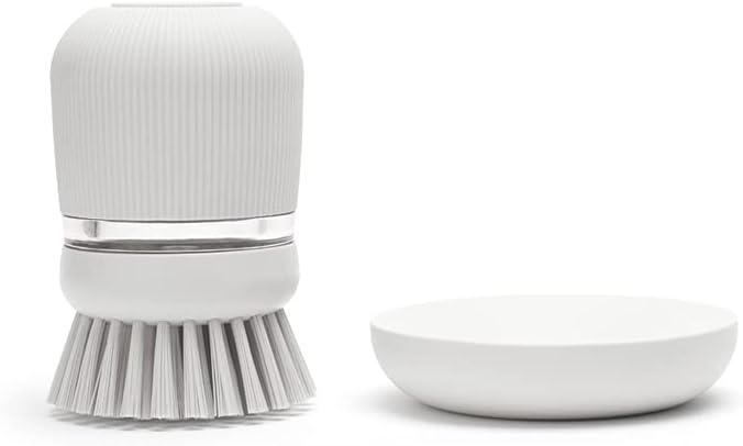 Brabantia Refillable Soap Dispensing Washing Up Brush (Light Gray) Secure Grip Palm Brush with Storage Tray