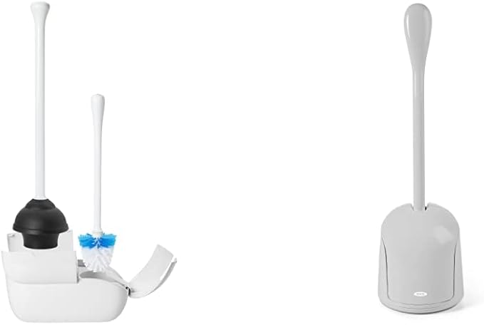 OXO Good Grips Set Toilet Brush & Plunger Combo, White and Good Grips Compact Toilet Brush & Canister - Gray
