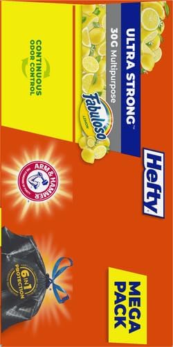 Hefty Ultra Strong 30 Gallon Trash Bags, Large Size, Multipurpose, Break Resistant Drawstring Closure, Resists Leaks, Punctures, and Tears, Black, Fabuloso Lemon Scent, 50 Bags (Pack of 3)