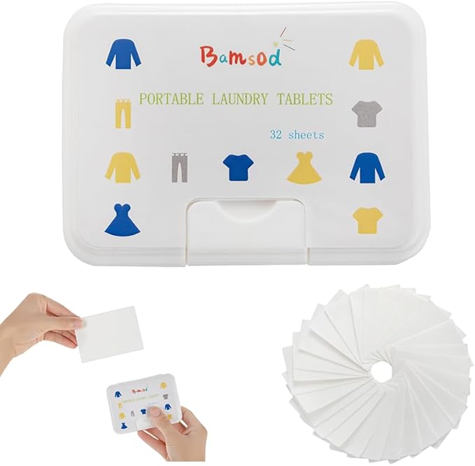 Bamsod Portable Laundry Sheets,Travel-Sized Laundry Detergent for Sink Washing, Soap Sheets for Travel,32 Loads / 1 Pack