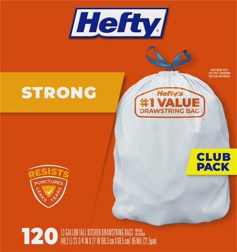 Hefty Strong White 13 Gallon Trash Bags with Drawstrings, Unscented Tall Kitchen Trash Bags, Resists Leaks, Punctures, and Tears, Durable Closure, 120 Ct. (Pack of 3)
