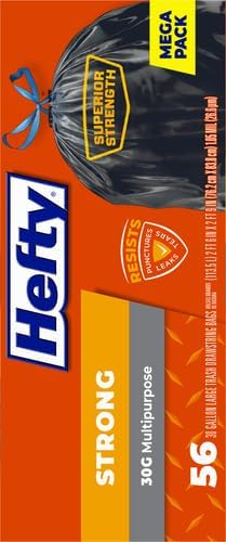 Hefty Strong 30 Gallon Trash Bags, Large Trash Bags 30 Gallon Size, Durable Drawstring Enclosure, Resists Punctures, Leaks, and Tears, Black, Unscented, 56 Bags (Pack of 3)