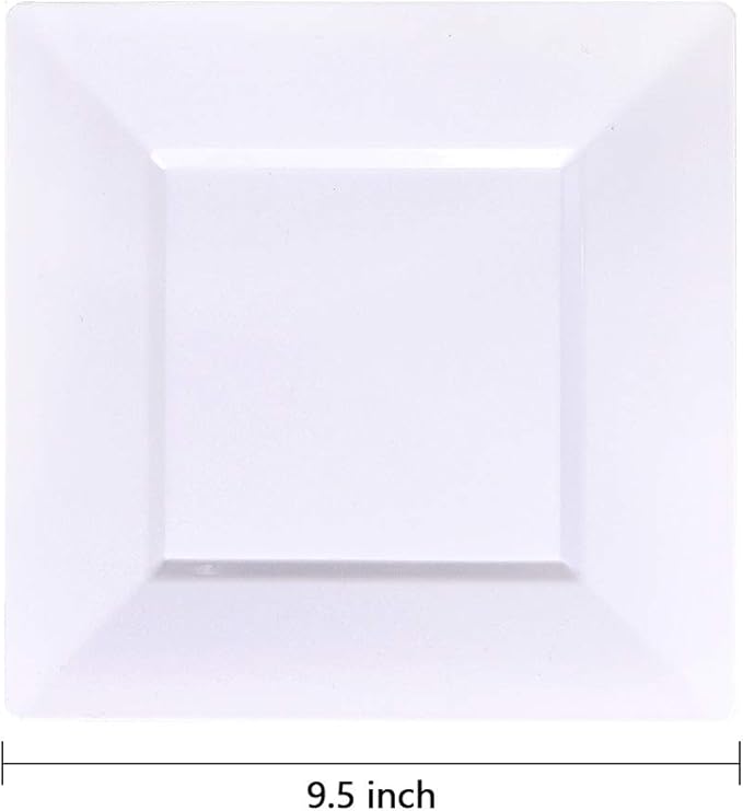 bUCLA 60Pieces White Plastic Plates - 9.5inch White Square Plates- Premium Hard Plastic Dinner Disposable for Weddings& Parties
