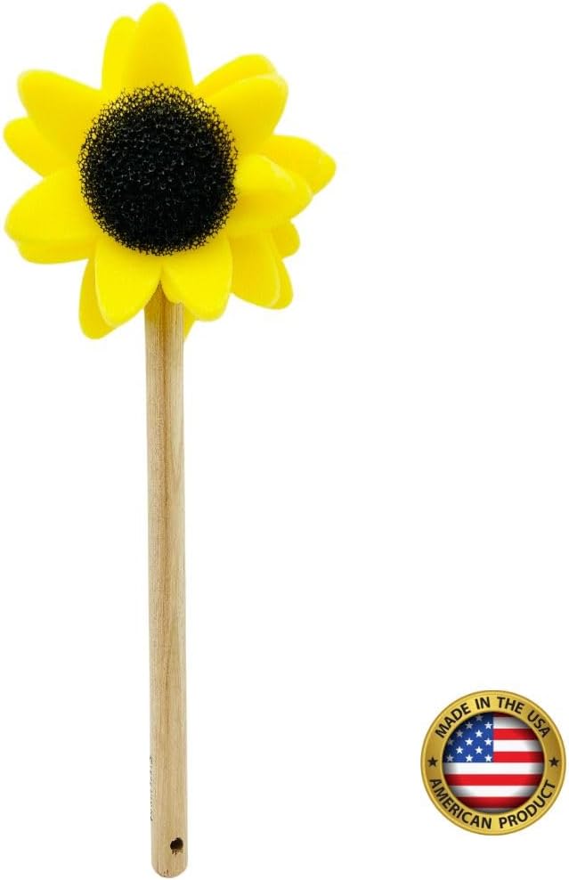 Jetz-Scrubz Sunflower Dish Mop with Solid Birch Wood Handle, Made in USA (3-Pack)