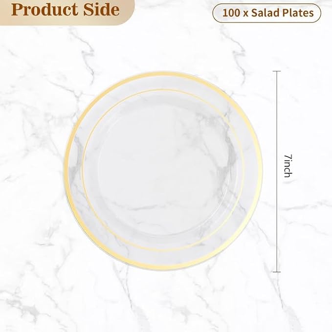 BESTVIP 100PCS 7 Inch Clear Plastic Dessert Plates, Small Disposable Salad Plate with Gold Rim, Heavy Duty Plastic Small Cakes Plates for Party, Wedding and Birthday, Events