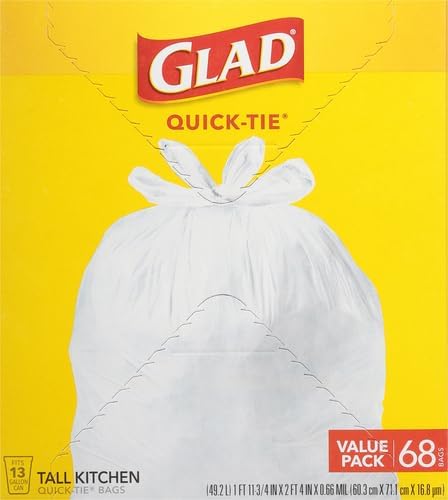 Glad Trash Bags, 13 Gallon, White | Quick-Tie | Tall Kitchen | 68 Count, Pack of 4