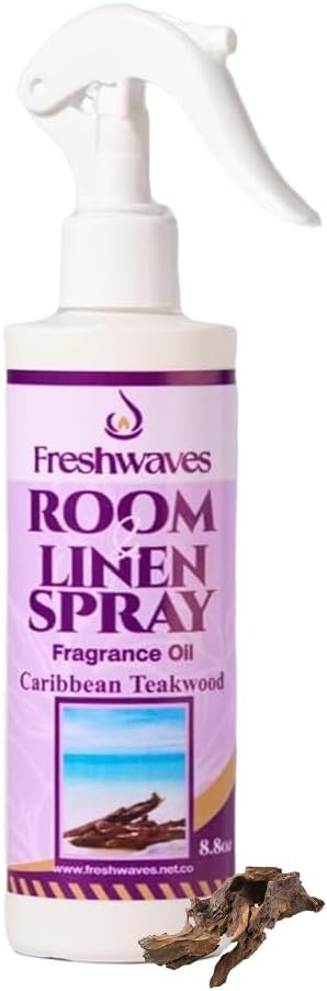 Freshwaves Room & Linen Spray | Caribbean Teakwood Fragrance Oil | 8.8oz Air Freshener | Odor Eliminator for Living Room, Bedroom, Bathroom & Office | White Bottle