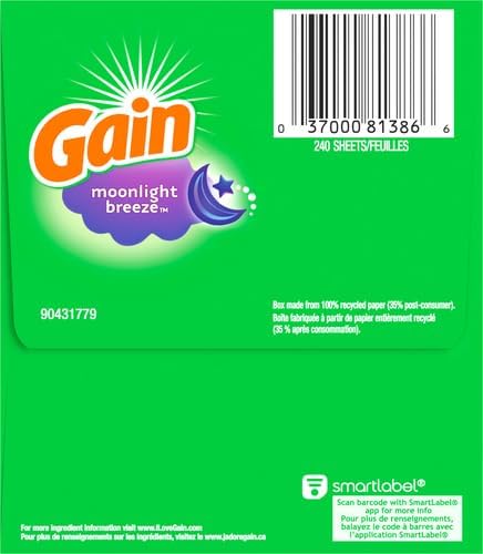 Gain Dryer Sheets Fabric Softener | Moonlight Breeze | Anti-Static | 240 Sheets, Pack of 4