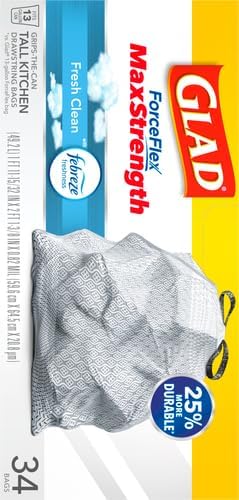 Glad Kitchen Trash Bags, 13 Gallon, Fresh Clean | ForceFlex MaxStrength | Tall Kitchen | 34 Count, Pack of 6