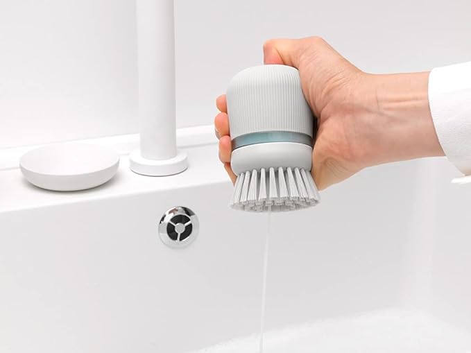 Brabantia Refillable Soap Dispensing Washing Up Brush (Light Gray) Secure Grip Palm Brush with Storage Tray