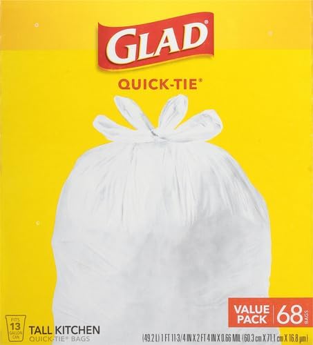 Glad Tall Kitchen Trash Bags 13 Gallon, Unscented Garbage Bags, Quick-Tie, 68 Count (Pack of 2)