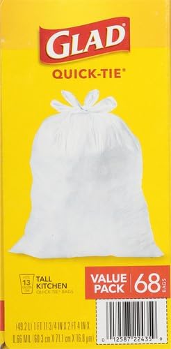 Glad Trash Bags, 13 Gallon, White | Quick-Tie | Tall Kitchen | 68 Count, Pack of 4