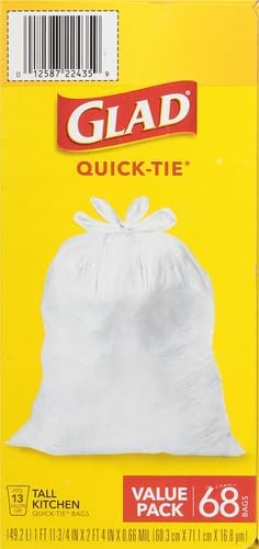 Glad Tall Kitchen Trash Bags 13 Gallon, Unscented Garbage Bags, Quick-Tie, 68 Count (Pack of 2)