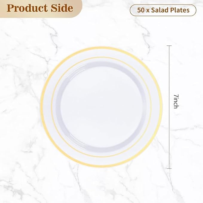 BESTVIP 50PCS 7 Inch Gold Plastic Plates, Small Disposable Dessert Plate with Gold Rim, Small Heavy Duty Disposable Plastic Plates for Party, Wedding and Birthday
