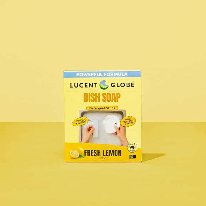 Lucent Globe Dish Soap Sheets – Fresh Lemon Scent – Dawn Replacement, Cuts Through Grease, 100 Washes, Liquidless, Spot-Free Finish, Hard Water Compatible, 100% Plastic-Free, Natural Ingredients
