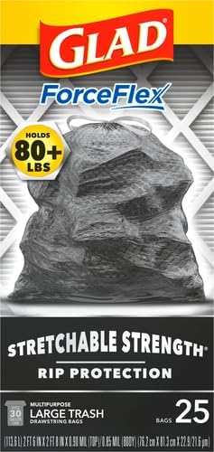 Glad ForceFlex Heavy Duty Large Trash Bags, Hold 80+ lb, 30 Gal, 25 Count, (Pack of 2), (Package May Vary)