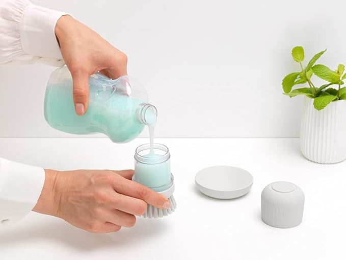 Brabantia Refillable Soap Dispensing Washing Up Brush (Light Gray) Secure Grip Palm Brush with Storage Tray
