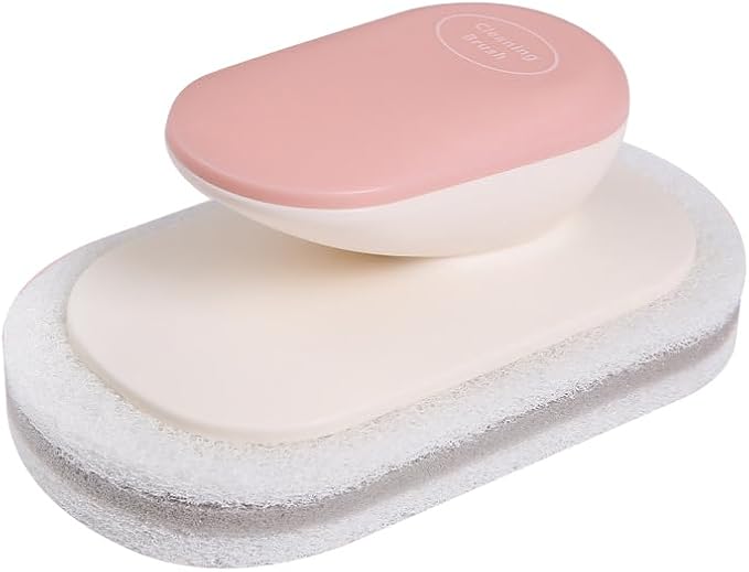 No-Scratch Scouring Pad Brush Whit Comfortable Handle,Cleaning Brush for Kitchen Bathroom Bathtub Toilet Swiming Pool,Dish Brush,No-Scratch Sponge Cleaning Scrubber (Pink)