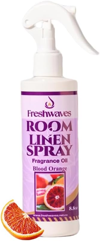 Freshwaves Room & Linen Spray | Blood Orange Fragrance Oil | 8.8oz Air Freshener | Odor Eliminator for Living Room, Bedroom, Bathroom & Office | White Bottle