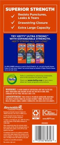 Hefty Strong 30 Gallon Trash Bags, Large Trash Bags 30 Gallon Size, Durable Drawstring Enclosure, Resists Punctures, Leaks, and Tears, Black, Unscented, 56 Bags (Pack of 3)